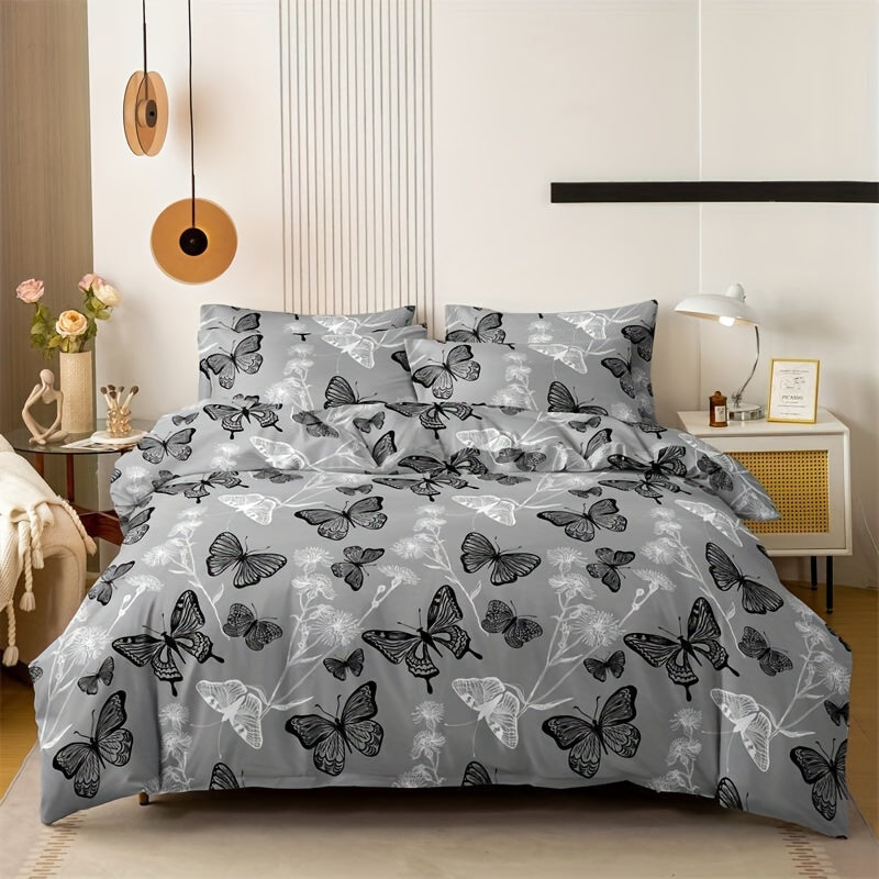 3-Piece Butterfly Print Duvet Cover Set Made of Soft Breathable Polyester All-Season Bedroom Decor
