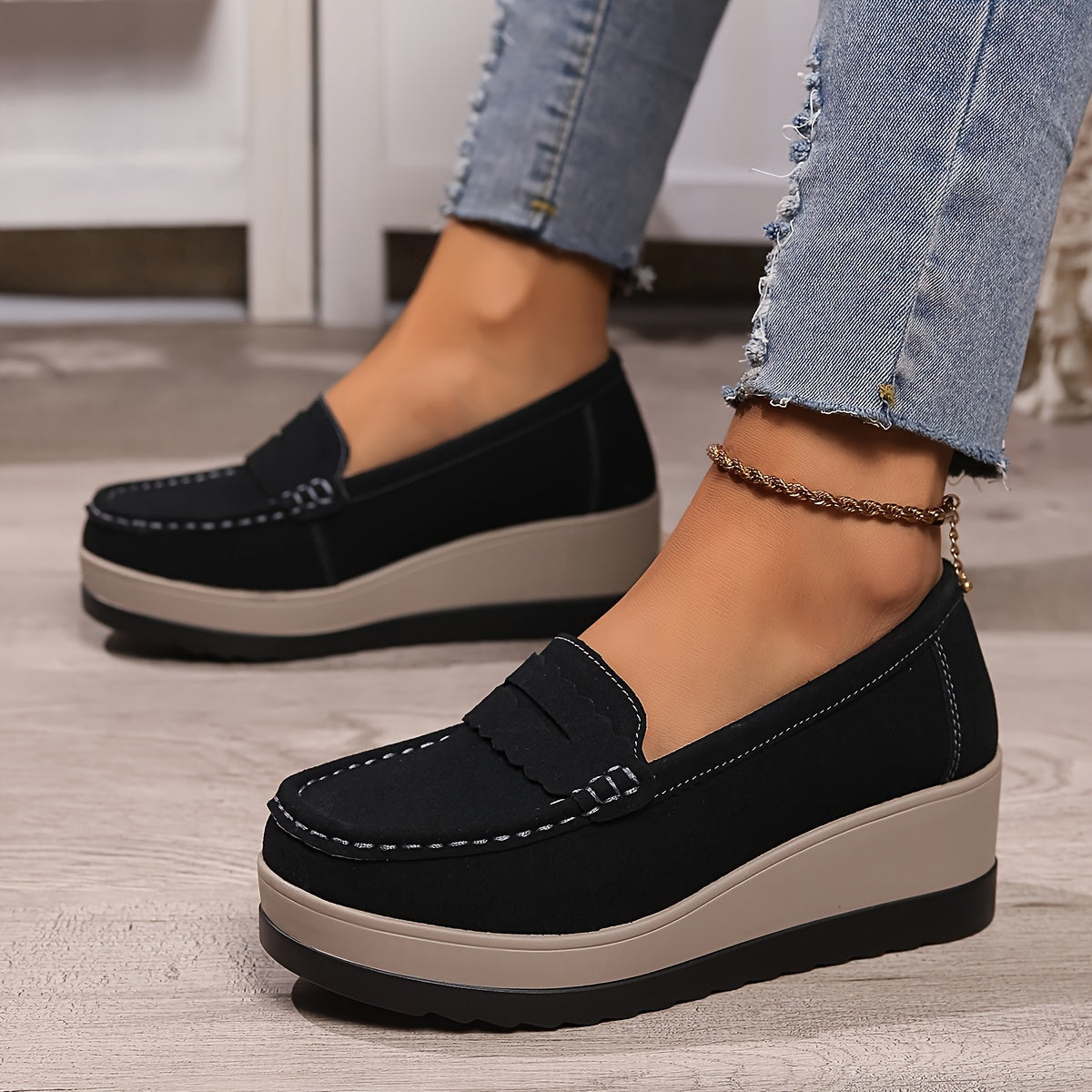Women’s Slip-On Loafers Chunky Wedge Casual Shoes Black Beige