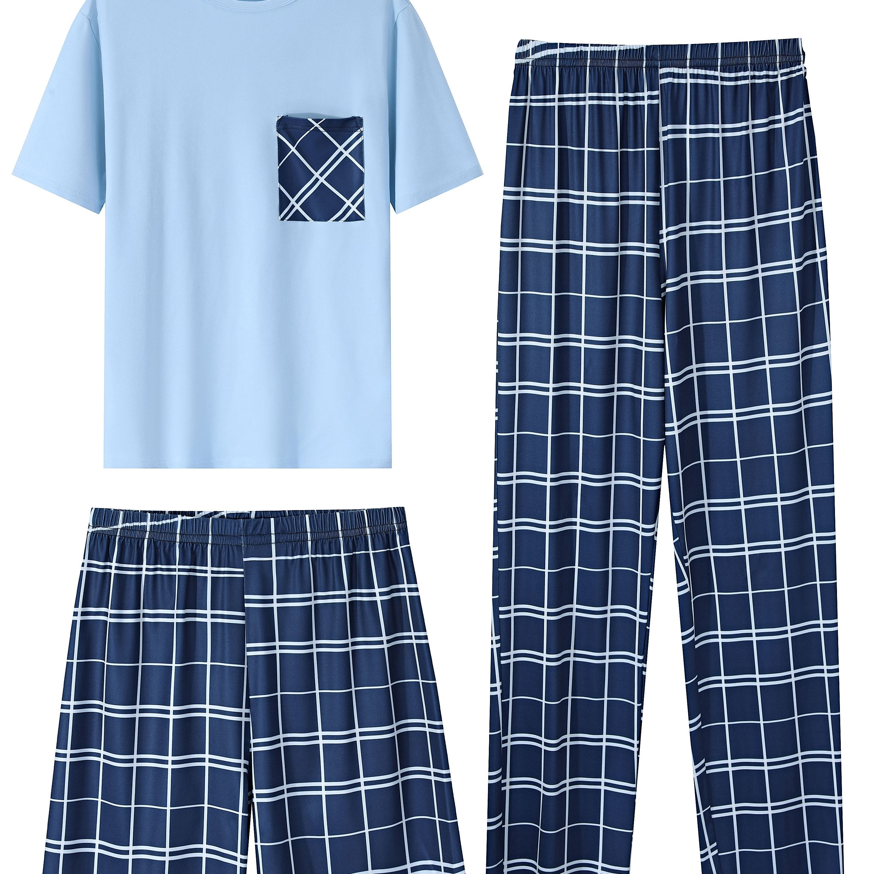 3-Piece Plaid Pajama Set Short Sleeve Crew Neck Top with Pocket Medium Stretch Polyester All-Season Comfort