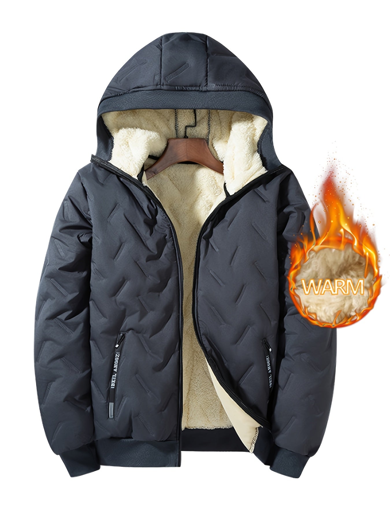 Men's Fleece-Lined Hooded Jacket Casual Warm Winter Polyester Solid