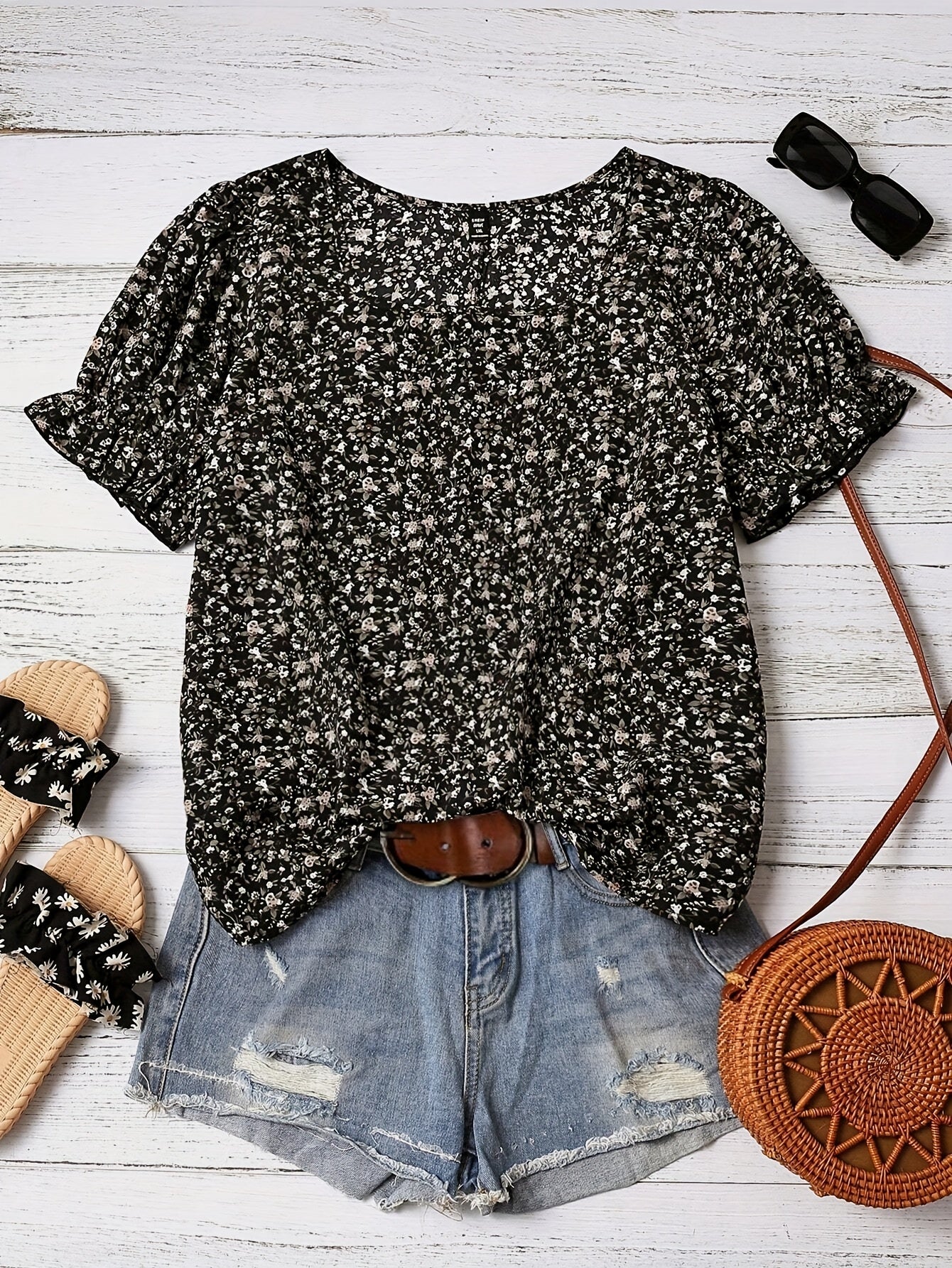 Women's Floral Square Neck Lantern Sleeve Vacation Shirt