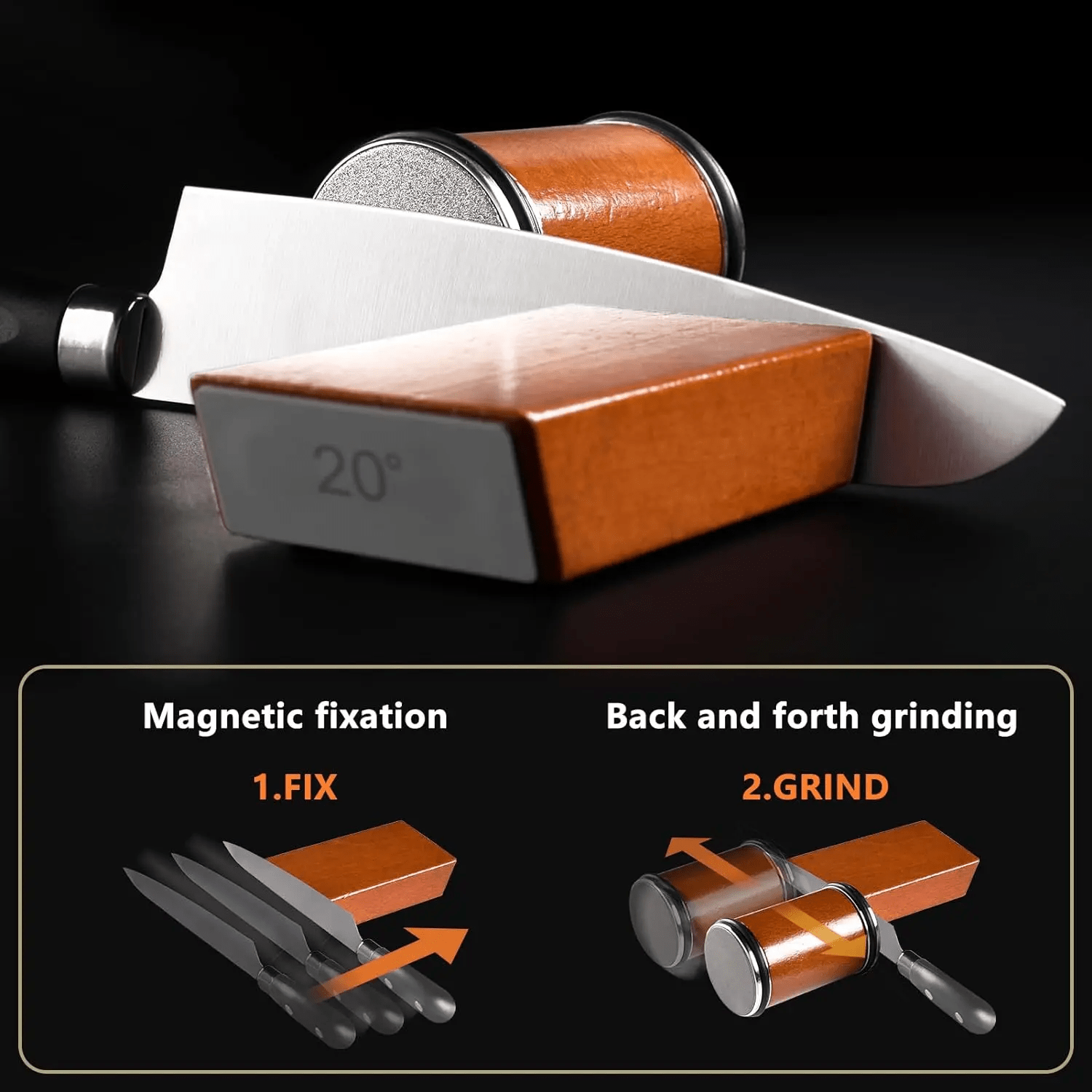 Magnetic knife sharpener with rolling holder and diamond sharpening stone kit for kitchen