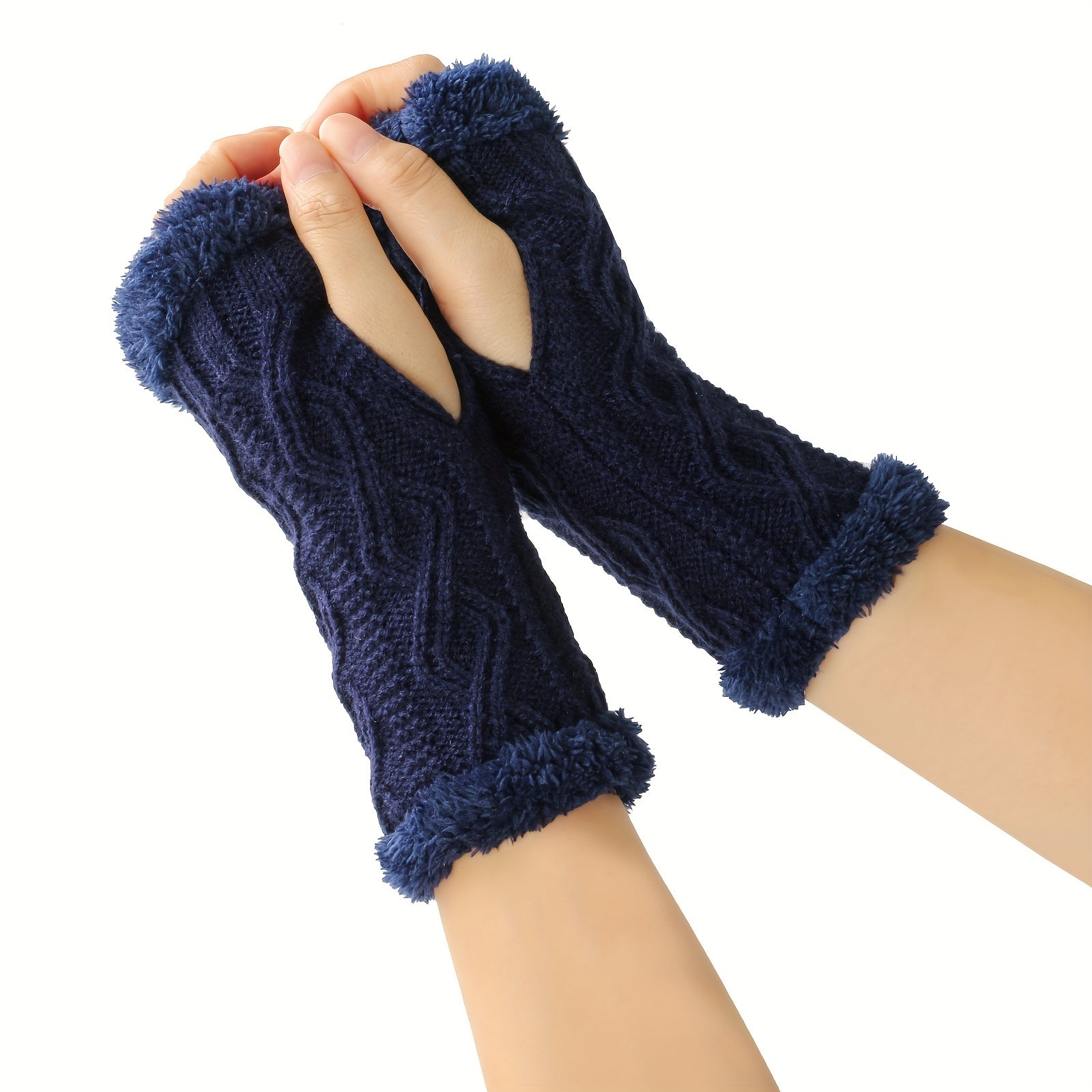Solid Color Twist Knit Fingerless Gloves with Velvet Lining for Winter Warmth