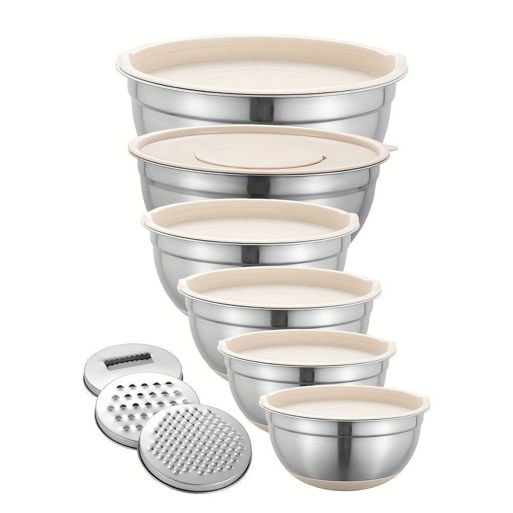 6-Piece Stainless Steel Mixing Bowl Set with Airtight Lids and Grater Attachments