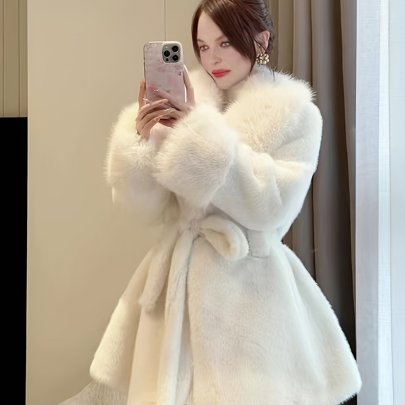 Women's Faux Fur Hooded Coat with Belt Long Sleeve Mid-Length Winter Chic