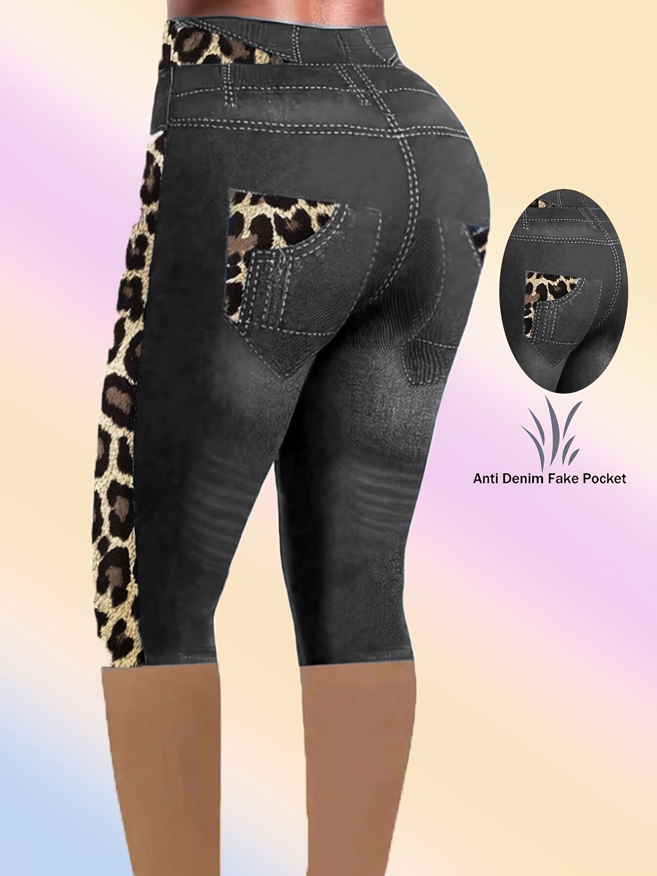 Plus Size Women's High-Stretch Imitation Denim Mid-Length Leggings with Leopard Print