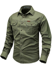 Men's Military Green Long-Sleeve Casual Shirt with Cargo Pockets Cotton Outdoor Workwear