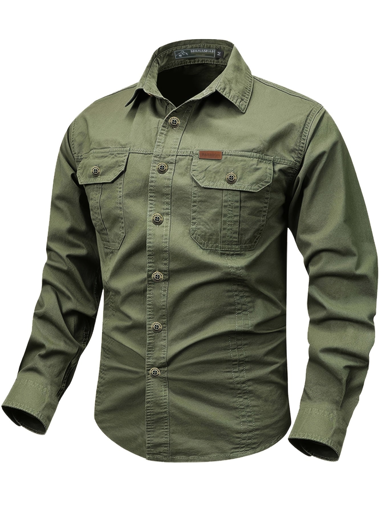 Men's Military Green Long-Sleeve Casual Shirt with Cargo Pockets Cotton Outdoor Workwear