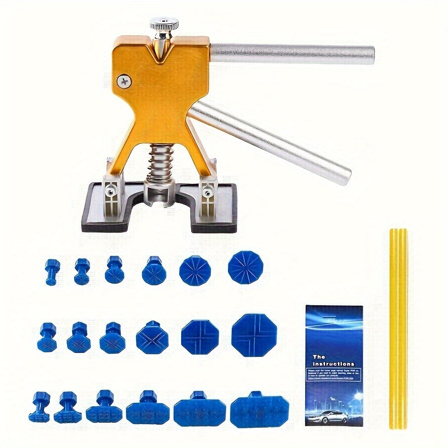 Mashina dentlarini ta'mirlash to'plami, bo'yalmasdan dentlarni olib tashlash uchun asbob, tortuvchi teshiklar va matlar bilan
