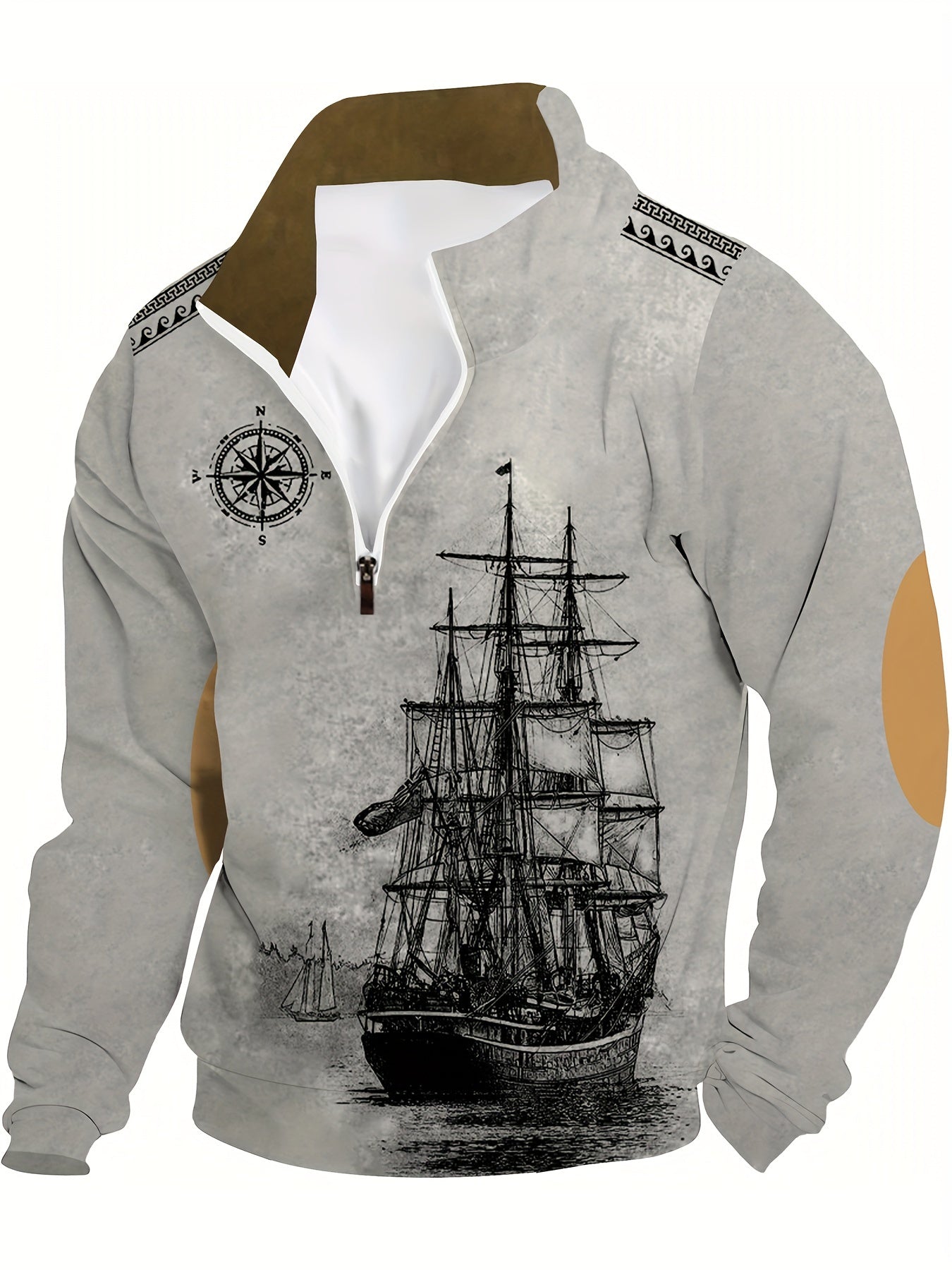 Men's Nautical Ship Print Henley Sweatshirt Polyester Fall Winter Casual Loose Fit