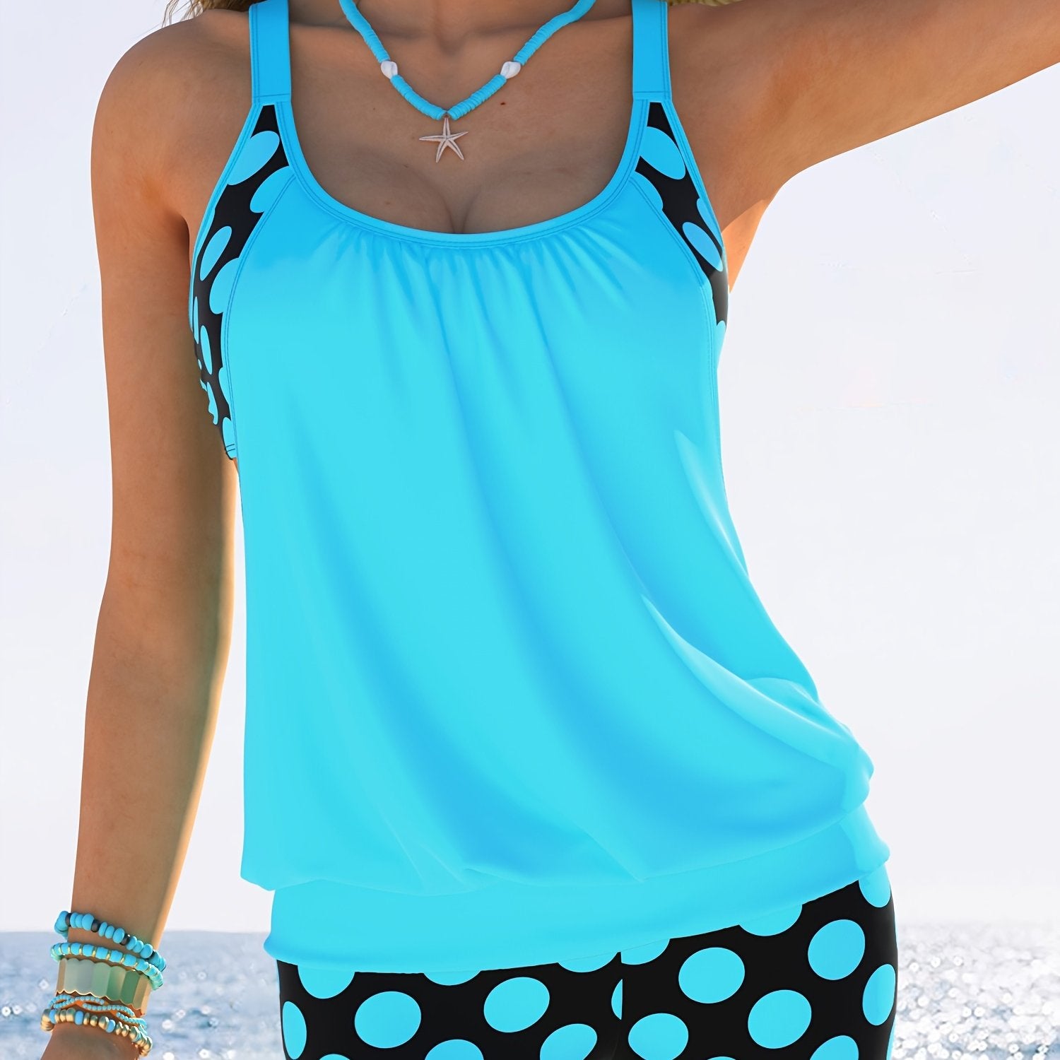 Women's Yellow and Black Polka Dot Tankini Set with Ruching and High-Waisted Shorts