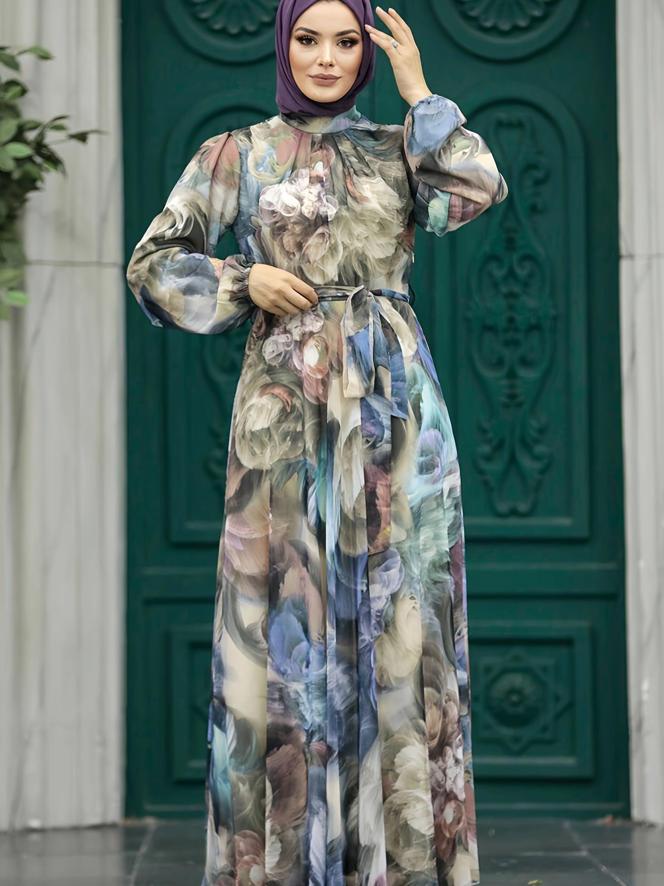 Women's Floral Print Tie-Waist A-Line Dress Long Sleeve Crew Neck for Spring Summer