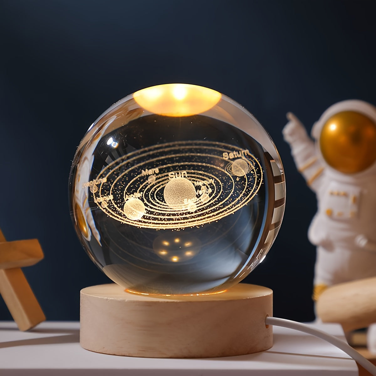 Lámpara de noche de cristal grabado en 3D con láser, sistema solar Saturn USB, regalo decorativo