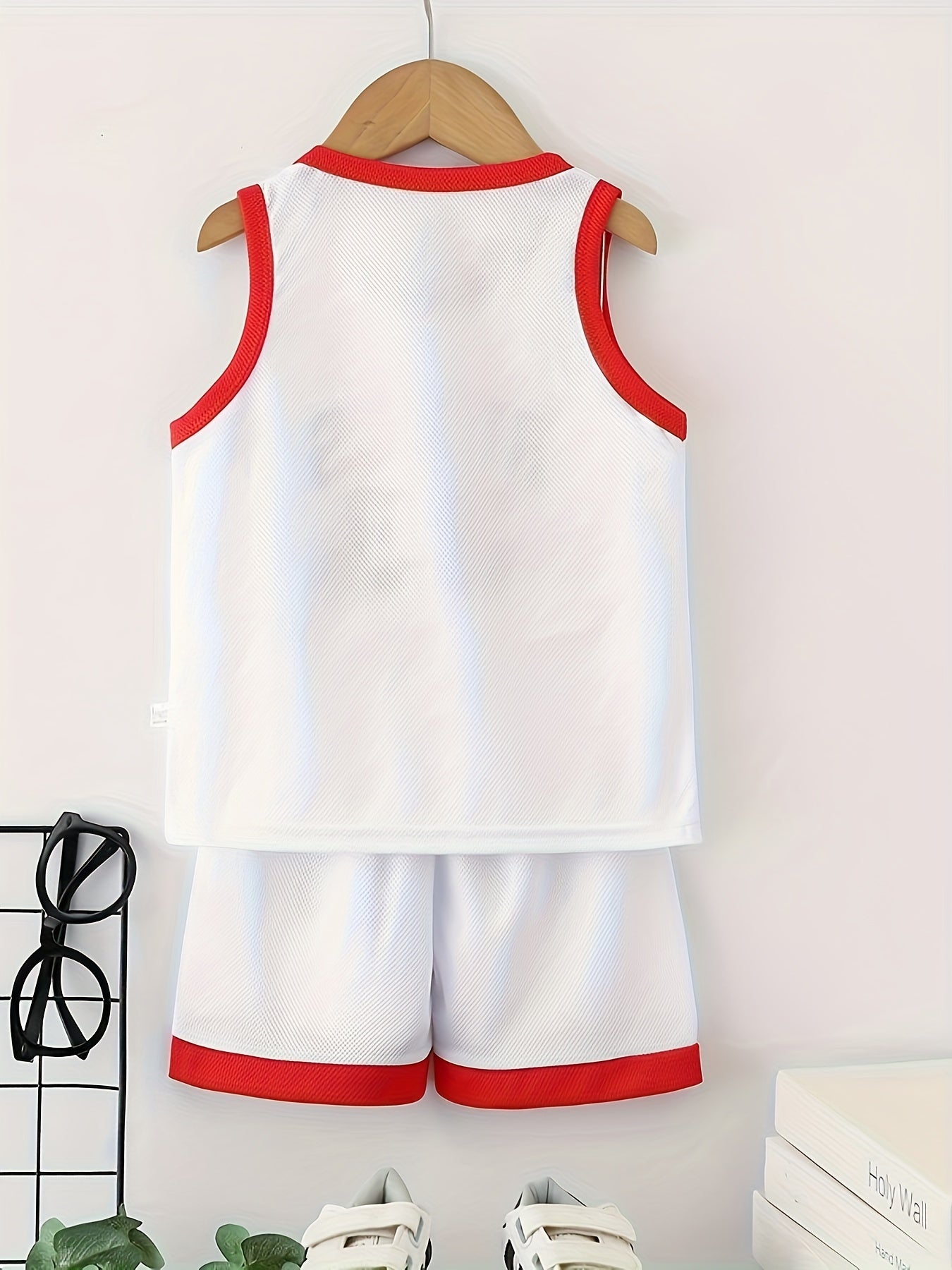 Youth Basketball Jersey and Shorts Set in Red and White 100% Polyester Sleeveless Sports Outfit