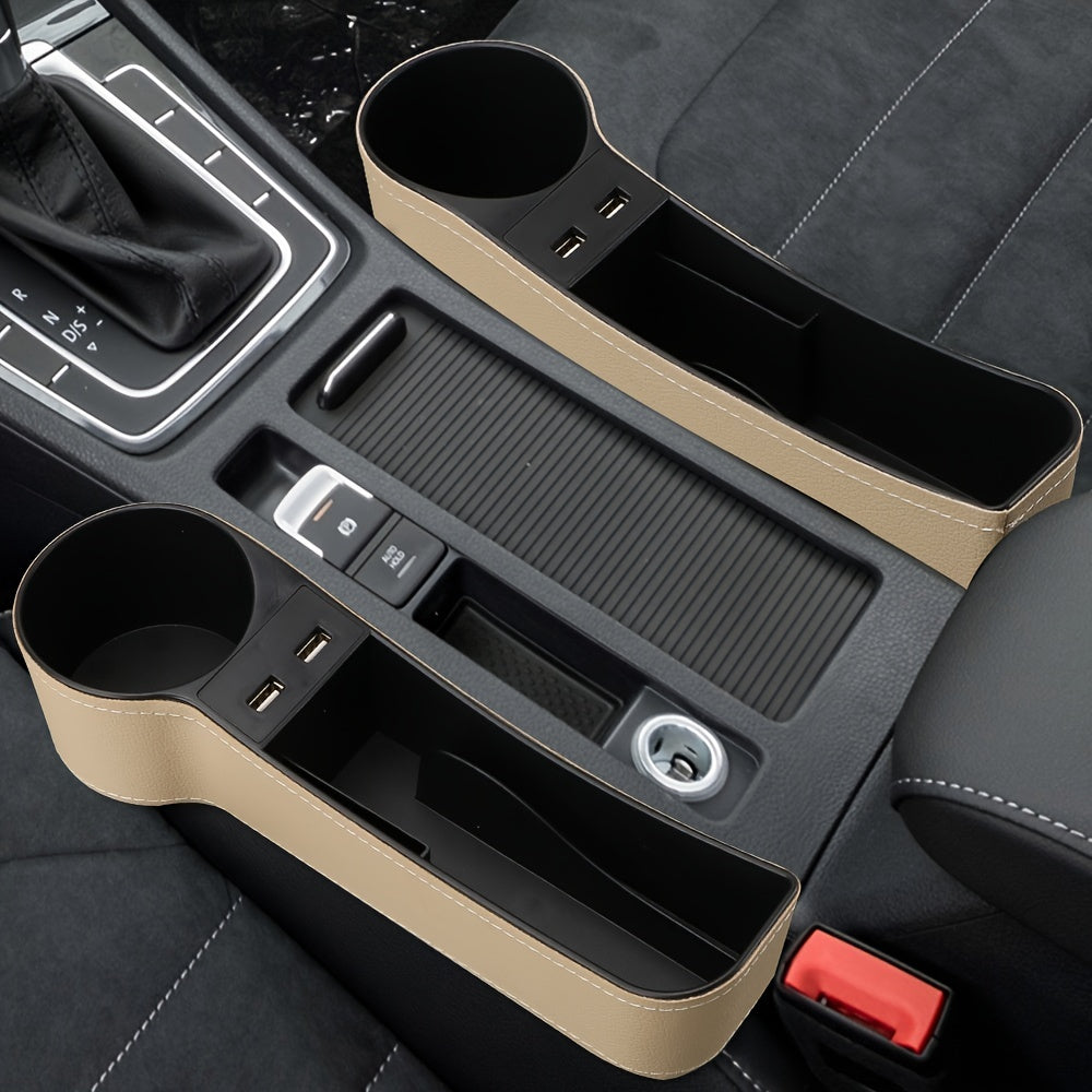 Organizador de asientos de coche con caja de almacenamiento y cargador USB dual, portavasos y vaso de agua