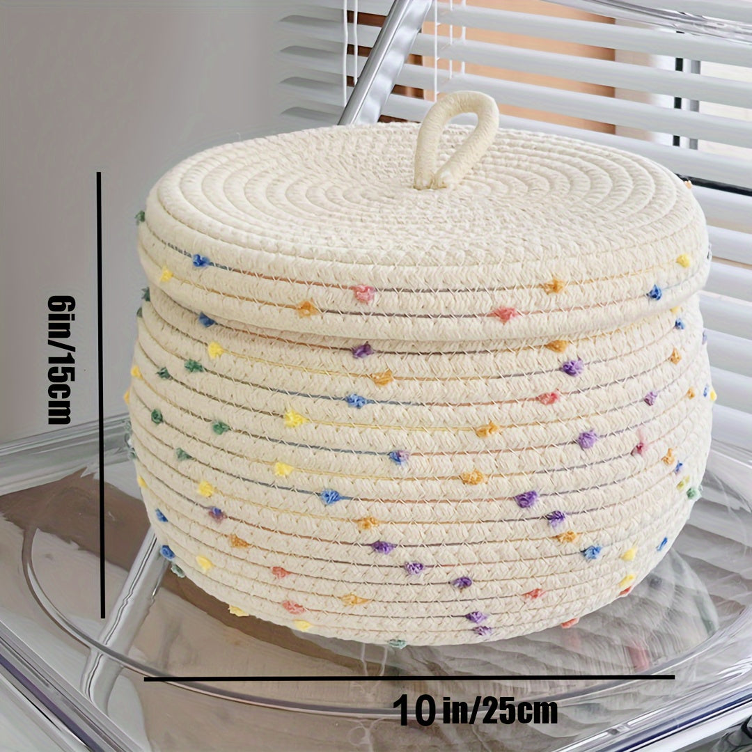 Woven Storage Basket with Lid Polka Dot Rope Organizer for Toys and Home Decor