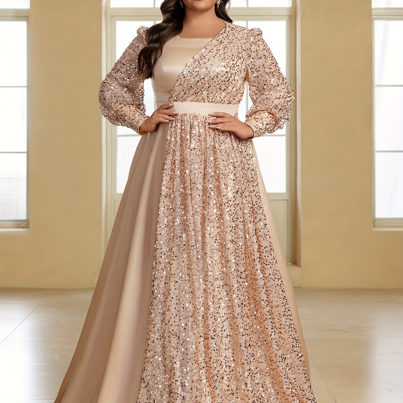 Plus Size Formal Evening Dress Satin Sequin Lantern Sleeve Gown