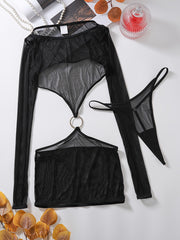 Women's Sheer Mesh Lingerie Set with Opaque Lining Polyester Elastane 2-Piece