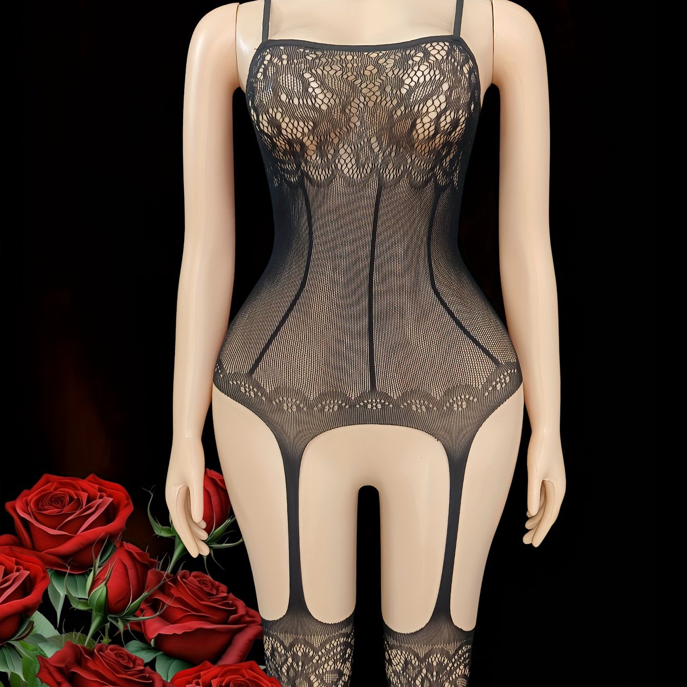 Women's Mesh Bodysuit and Tights Set Black Plus Size Hollow Fishnet