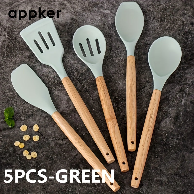 12-Piece Non-Stick Silicone Kitchen Utensil Set with Wooden Handles Heat-Resistant Durable Safe for Cooking and Baking