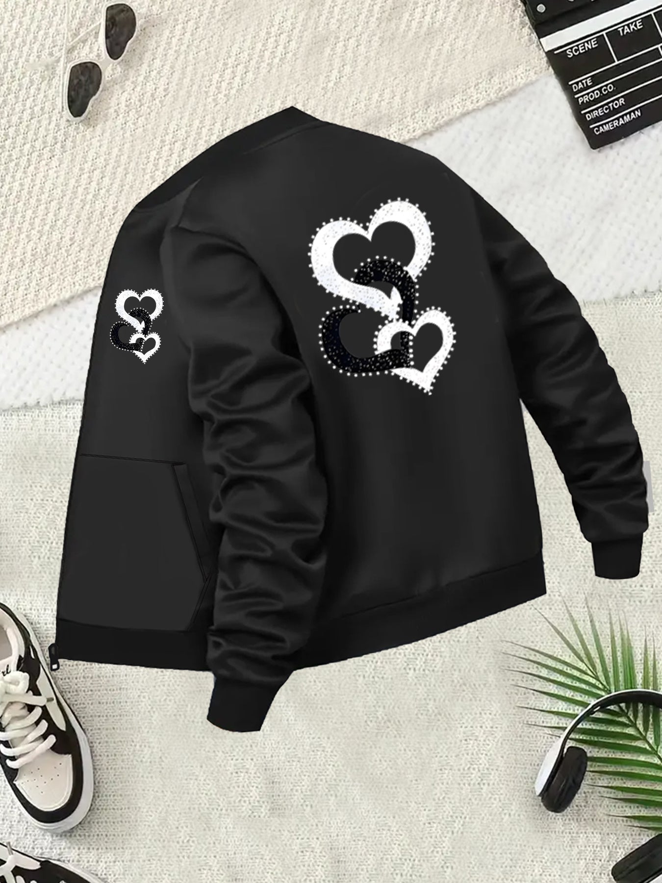 Women's Plus Size Casual Zip-Up Jacket With Heart Print Polyester Outerwear