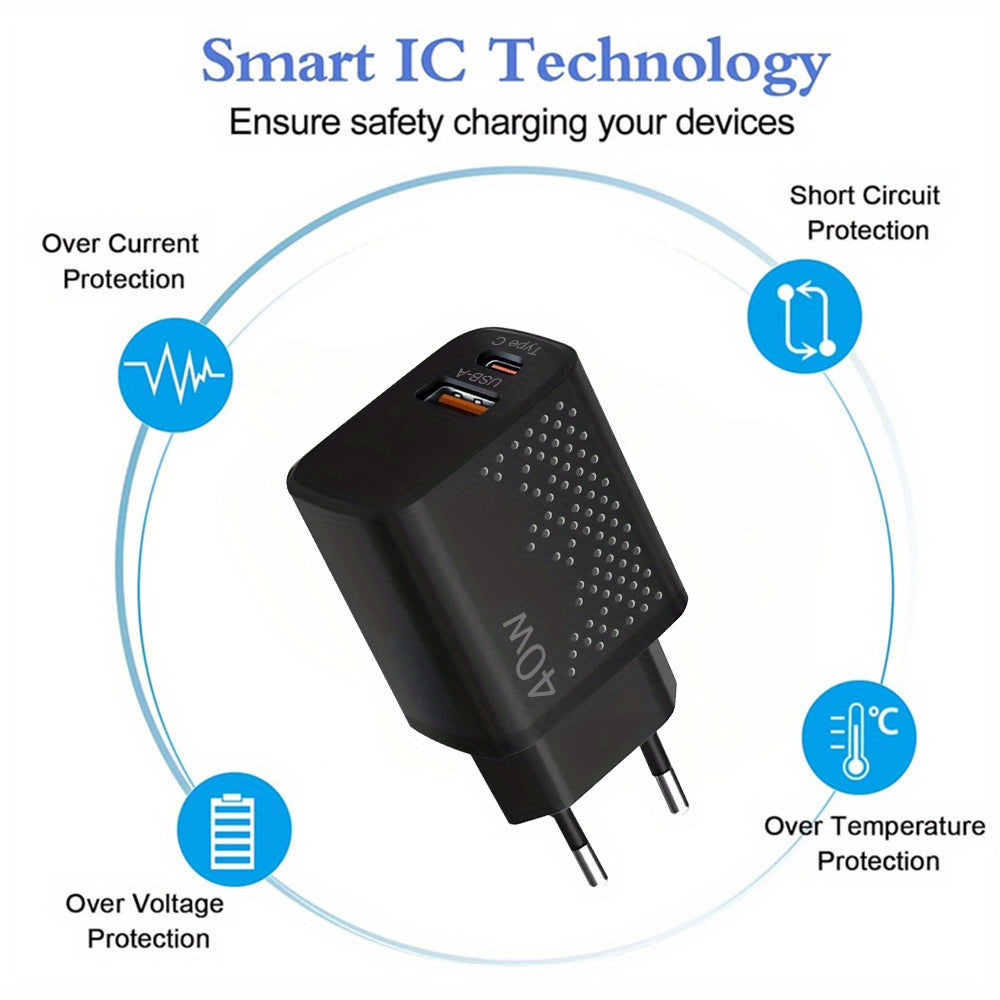 40W Dual Port USB-C Wall Charger with PD QC Fast Charging European Plug