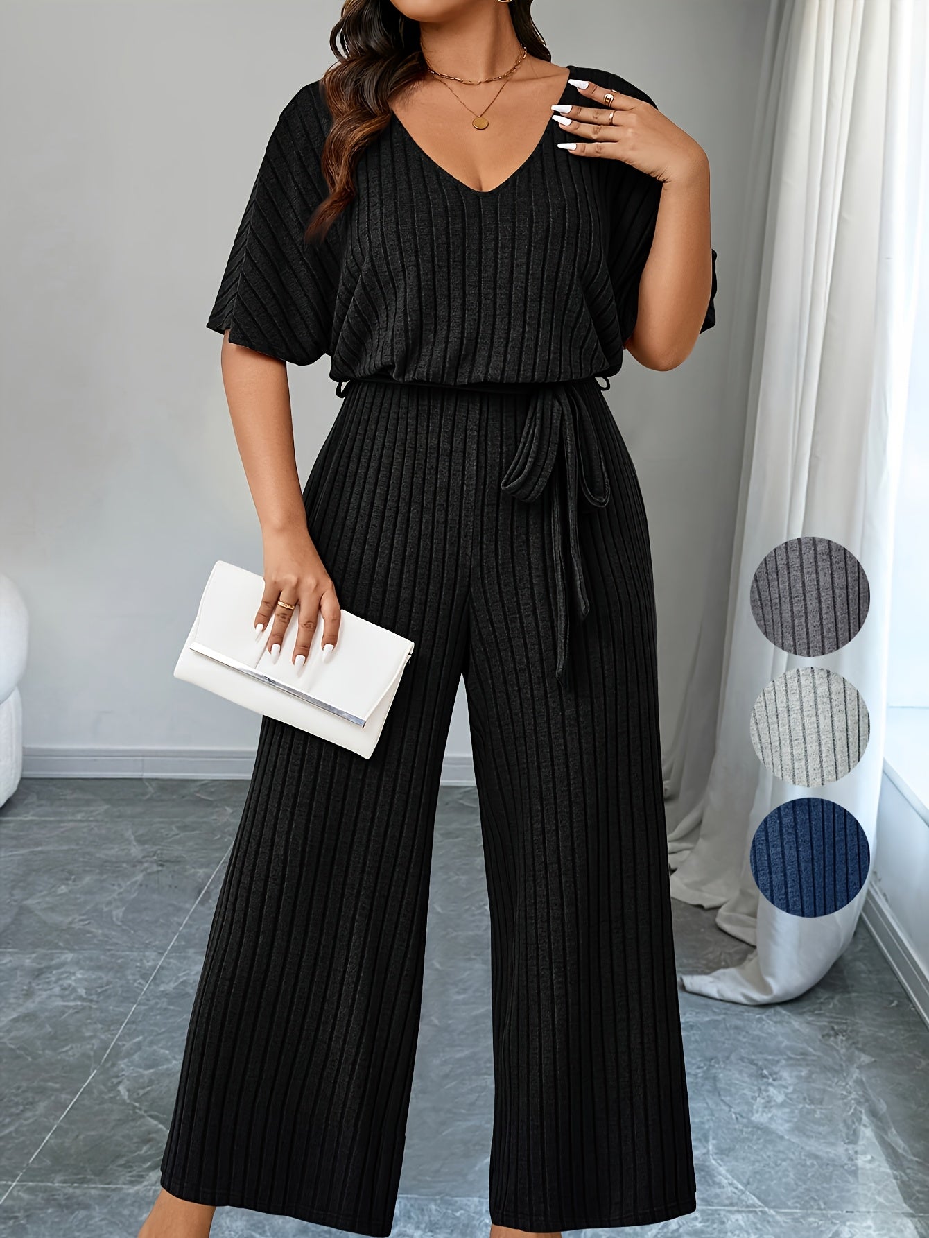 Plus Size Ribbed Wide Leg Jumpsuit Casual Belted Short Sleeve V Neck