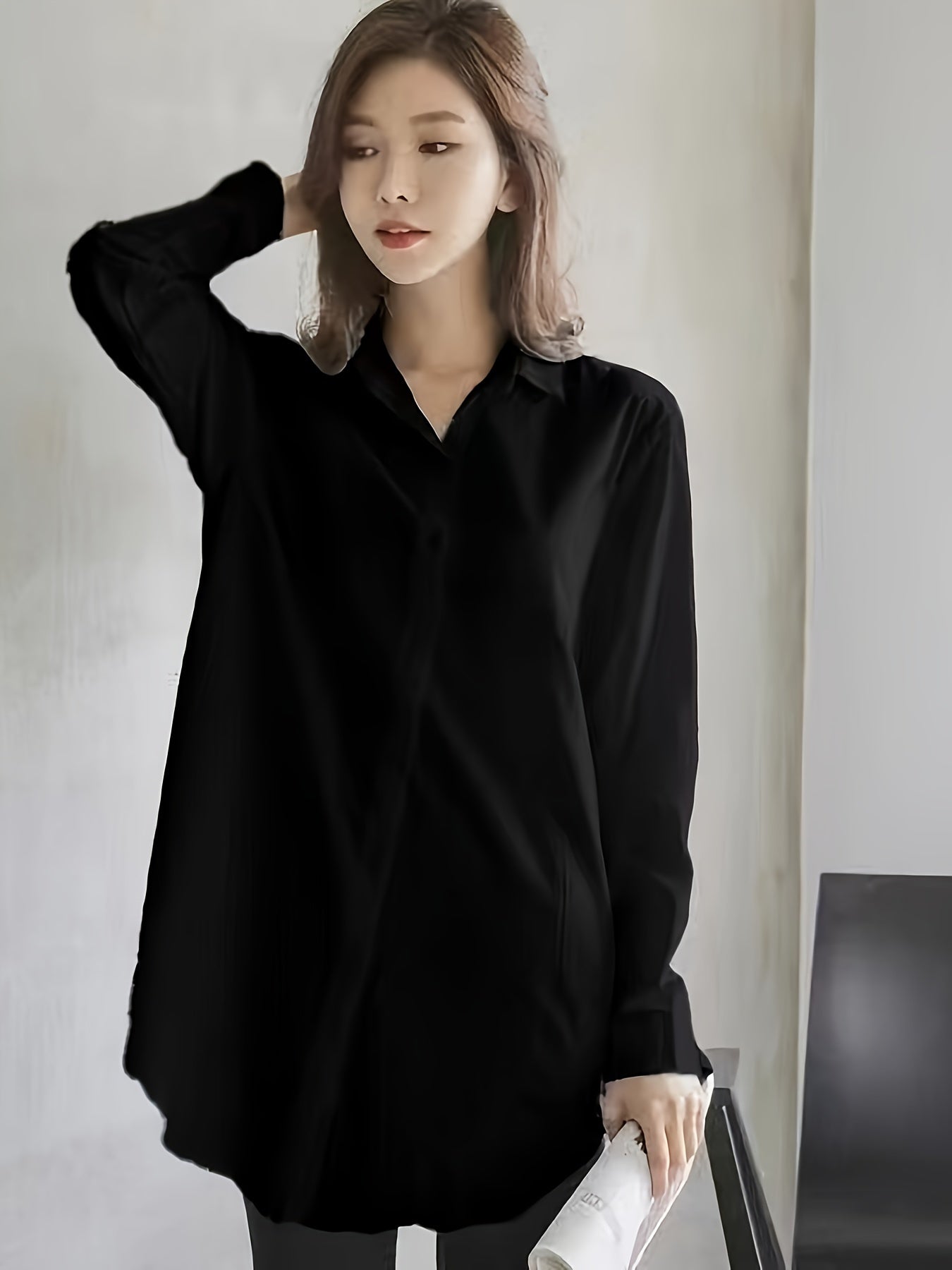 Women's Long Sleeve Blouse with Lapel Collar Button Detail Mermaid Hem Loose Fit for All Seasons