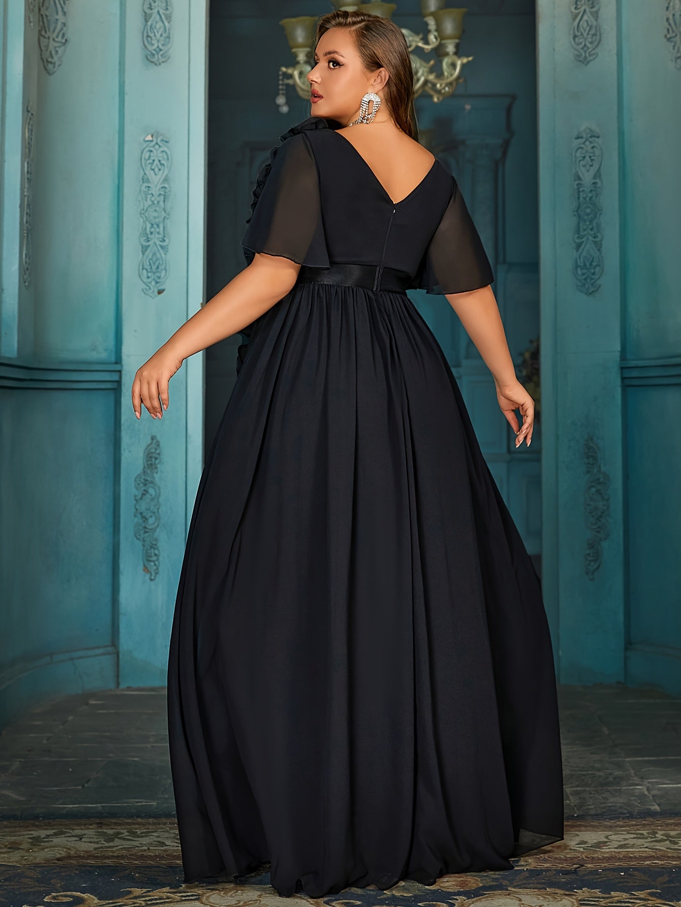 Plus Size Black Maxi Dress with V-Neck Ruffle Sleeves and Lace Details for Evening Events