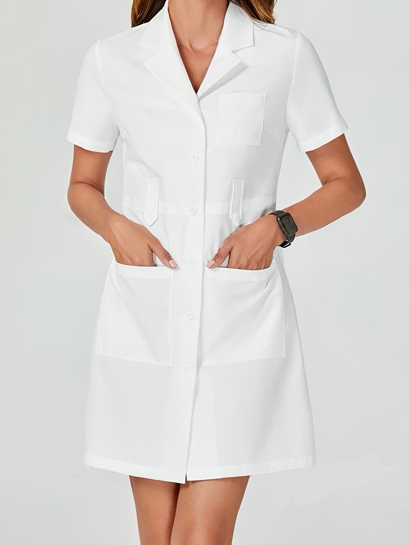 White Short Sleeve Lapel Coat for Adults with Pockets and Regular Fit