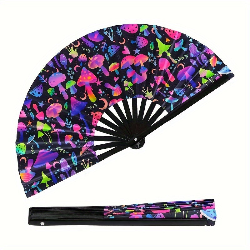 Bamboo Hand Fan with UV Glow Mushroom Design for Festivals and Raves