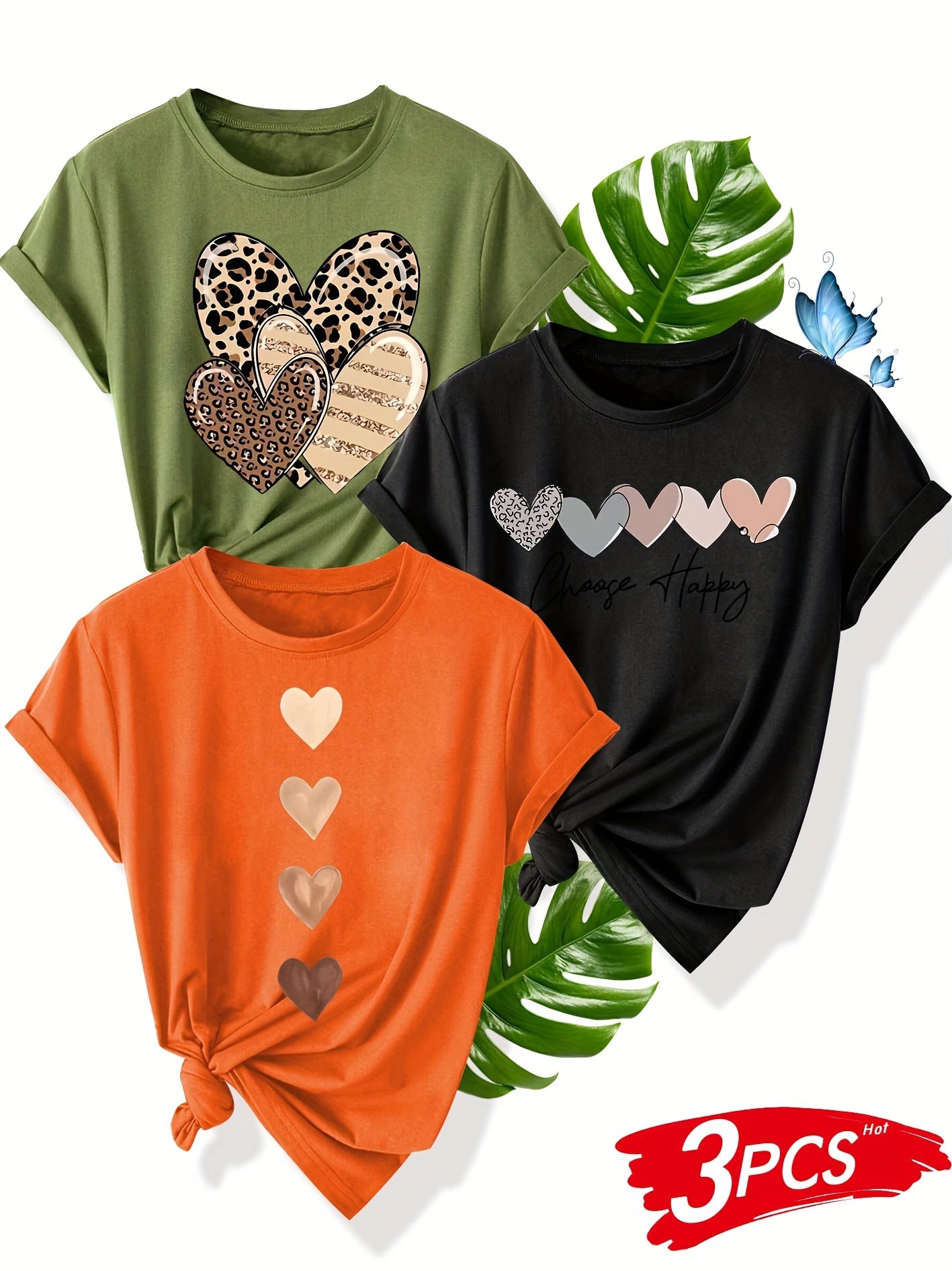 Women's Retro Heart Graphic Tees 3-Pack Short Sleeve Summer Cotton Blend