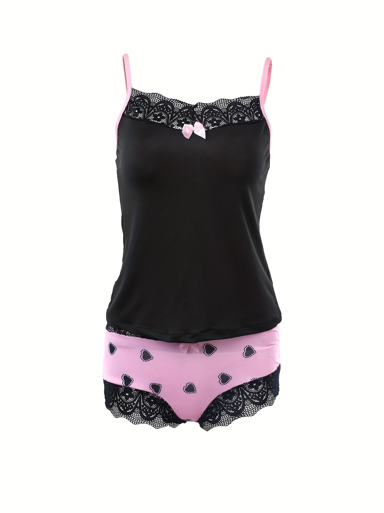 Women's Heart Print Sleepwear Set with Lace Cami Top and Elastic Shorts