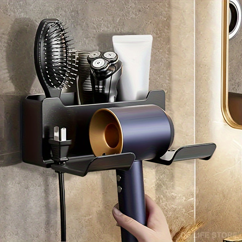 Wall-Mounted Hair Dryer Holder Metal Plastic Space-Saving Bathroom Organizer 16.5x7x12.5cm