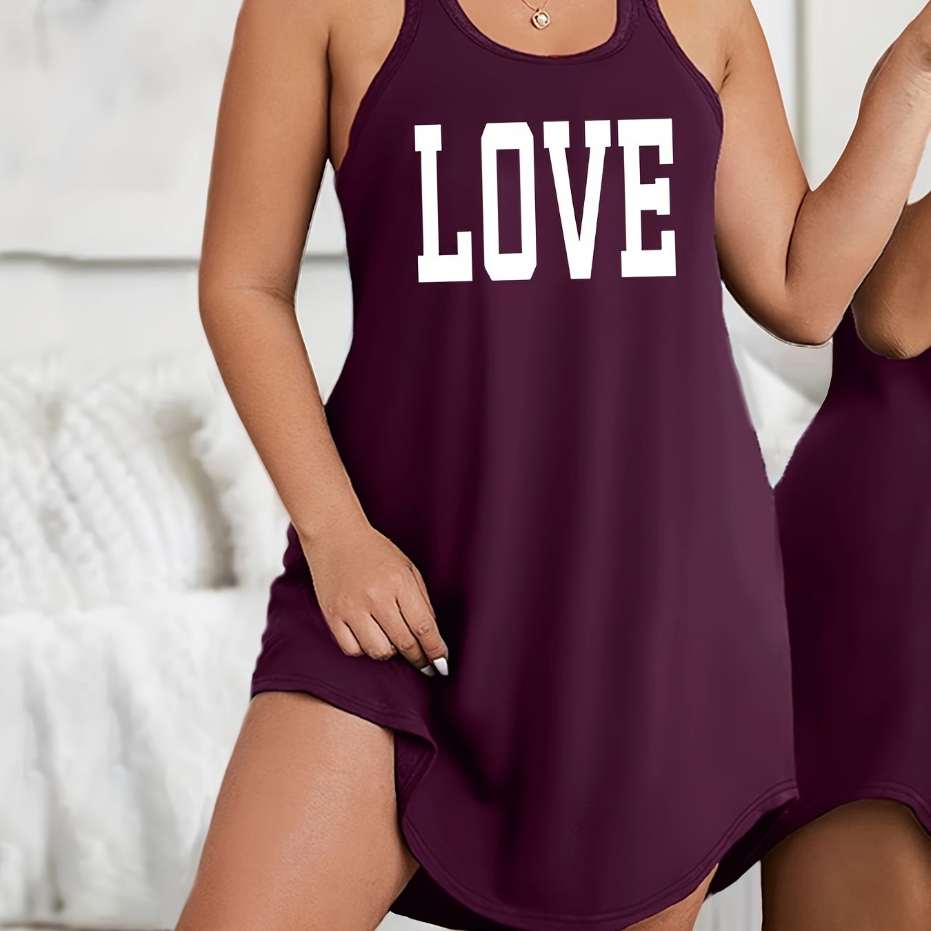 Plus Size Women's Maroon Love Letter Print Sleeveless Sleepshirt Nightgown Lounge Dress