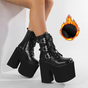 Women's Mid-Calf Platform Boots Punk Style Solid Color Buckle Zipper Lace-Up