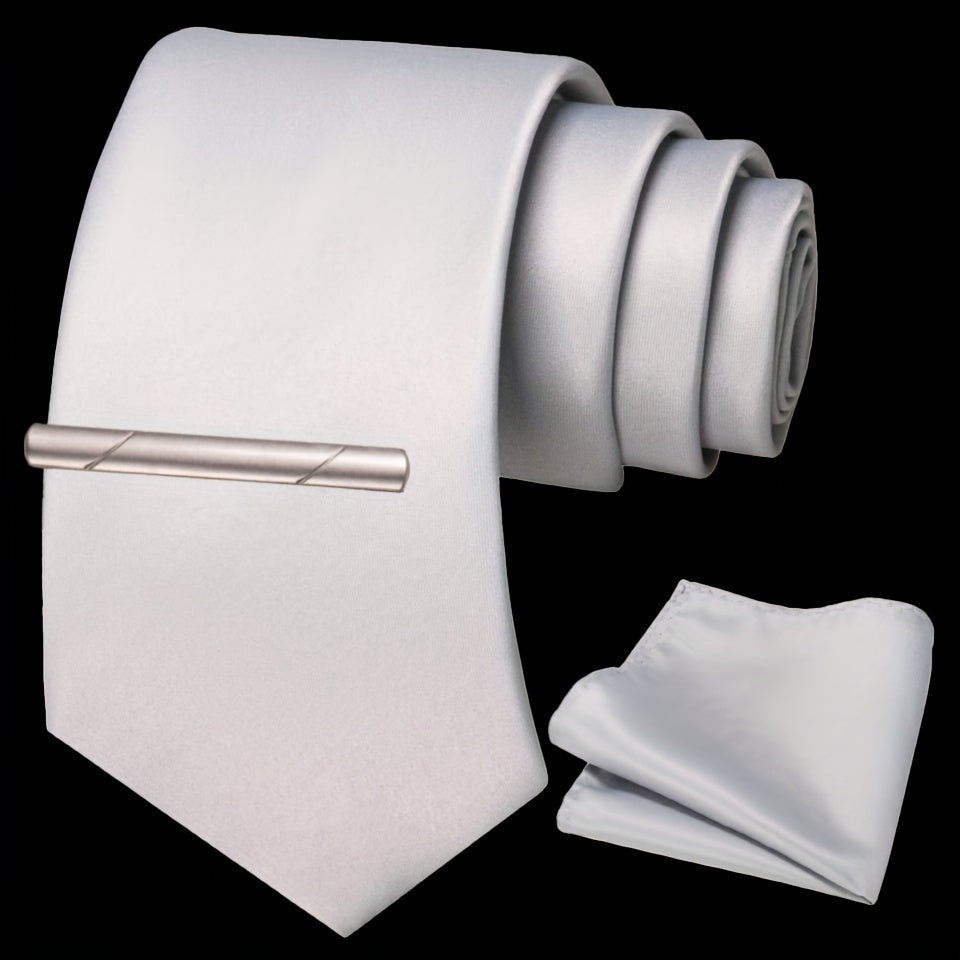 Erkaklar uchun bir rangli ipak aksessuarlar to'plami, galstuk, cho'ntak sharf, sochiq, galstuk klipi, rasmiy kiyimlar va sovg'alar uchun