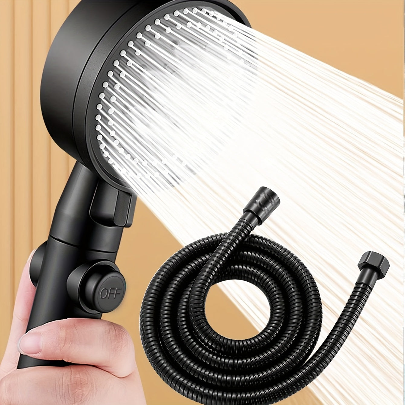 Shower Head with 5 Functions, High Pressure, On/Off Button, 1.5m Hose