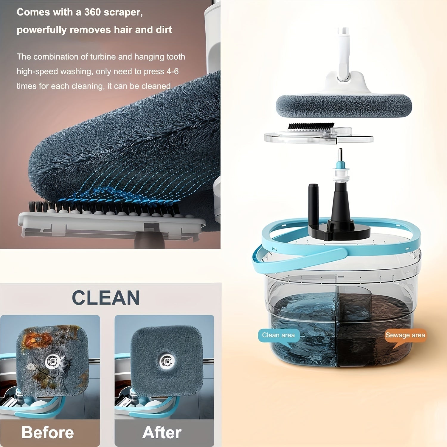 Set de mopa de microfibra de 360° con cubo y mango extensible para suelos de madera y laminados