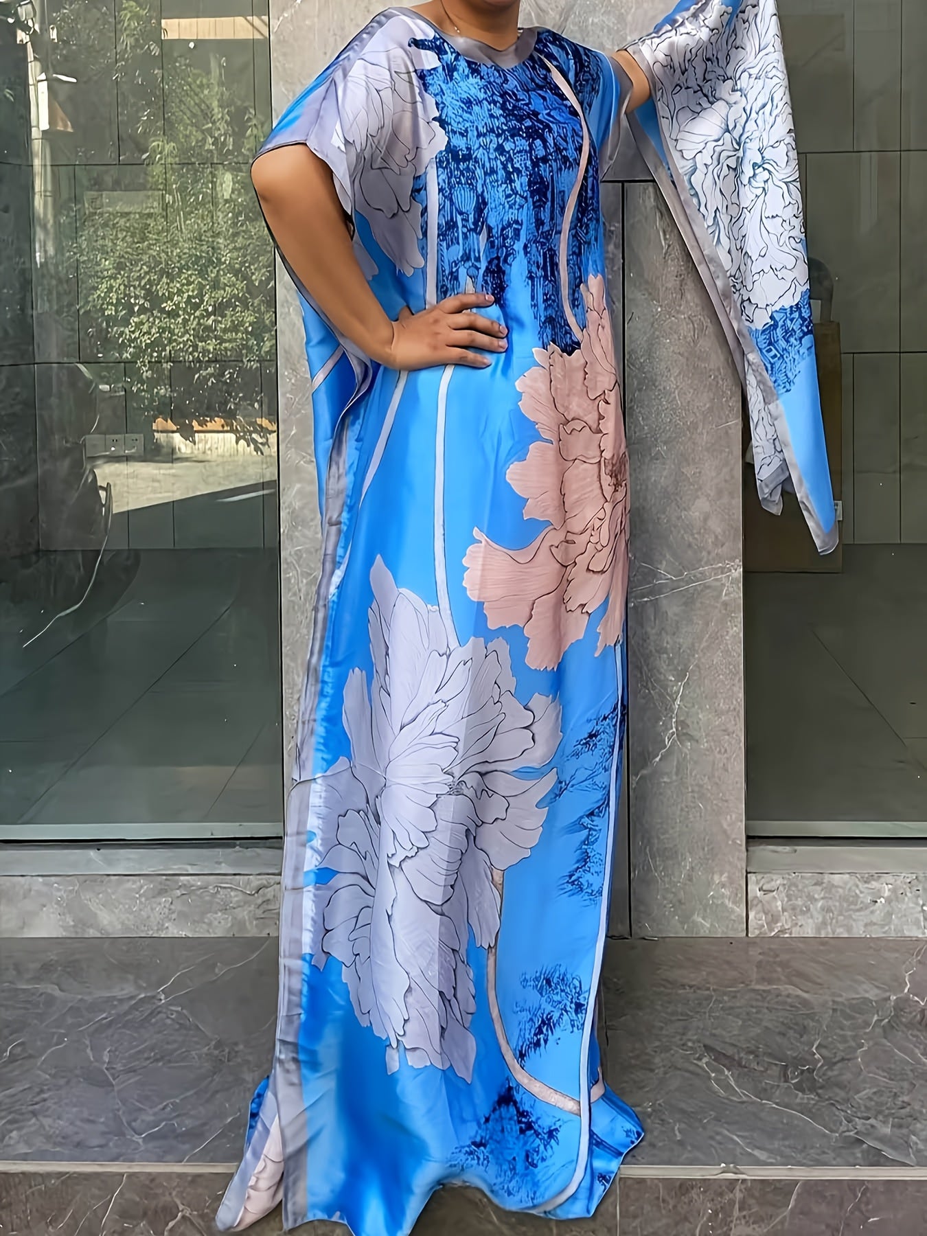 Plus Size Floral Dress Longline Short Sleeve Crew Neck Spring Summer