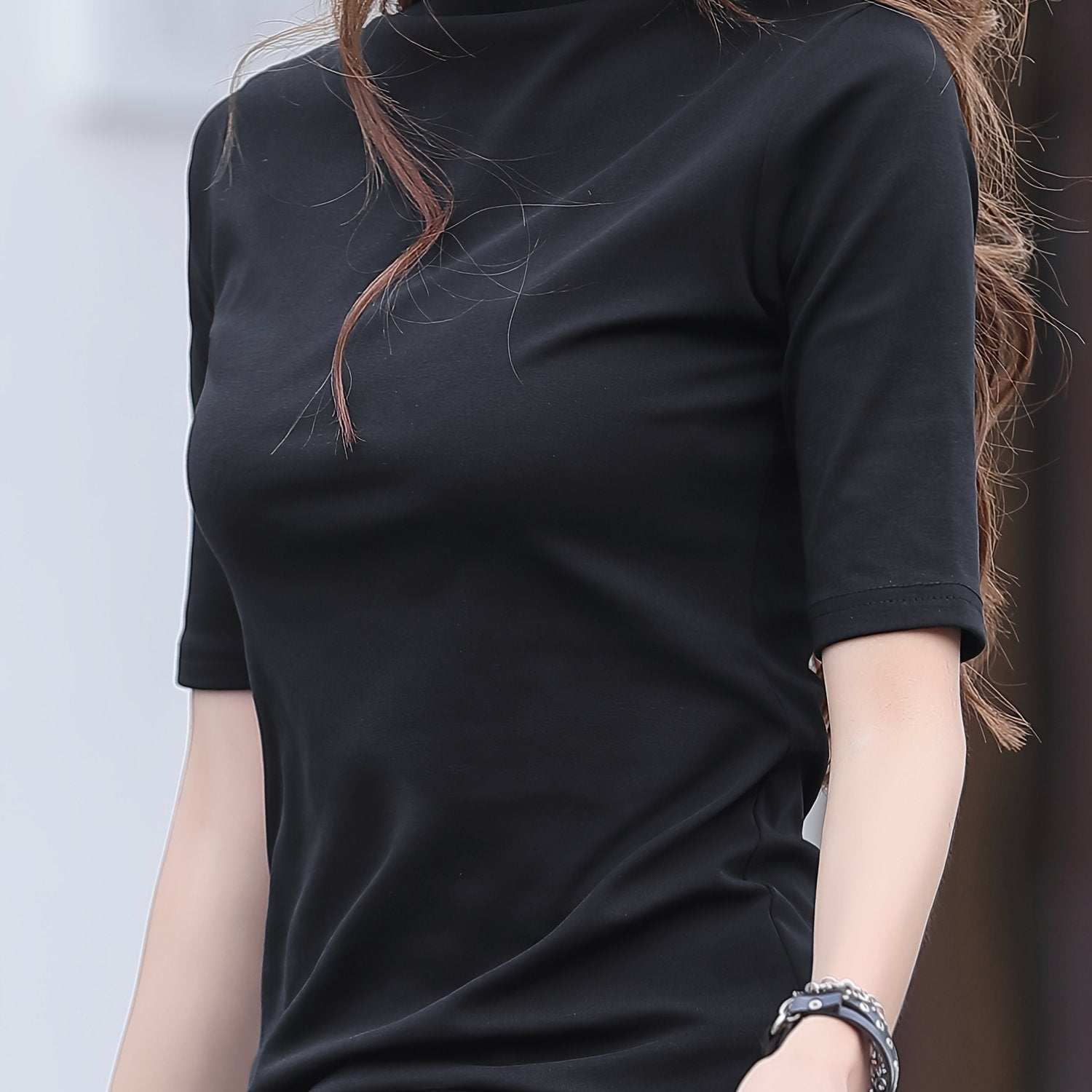 Women's High Neck Polyester T-Shirt Solid Color Casual Spring Fall