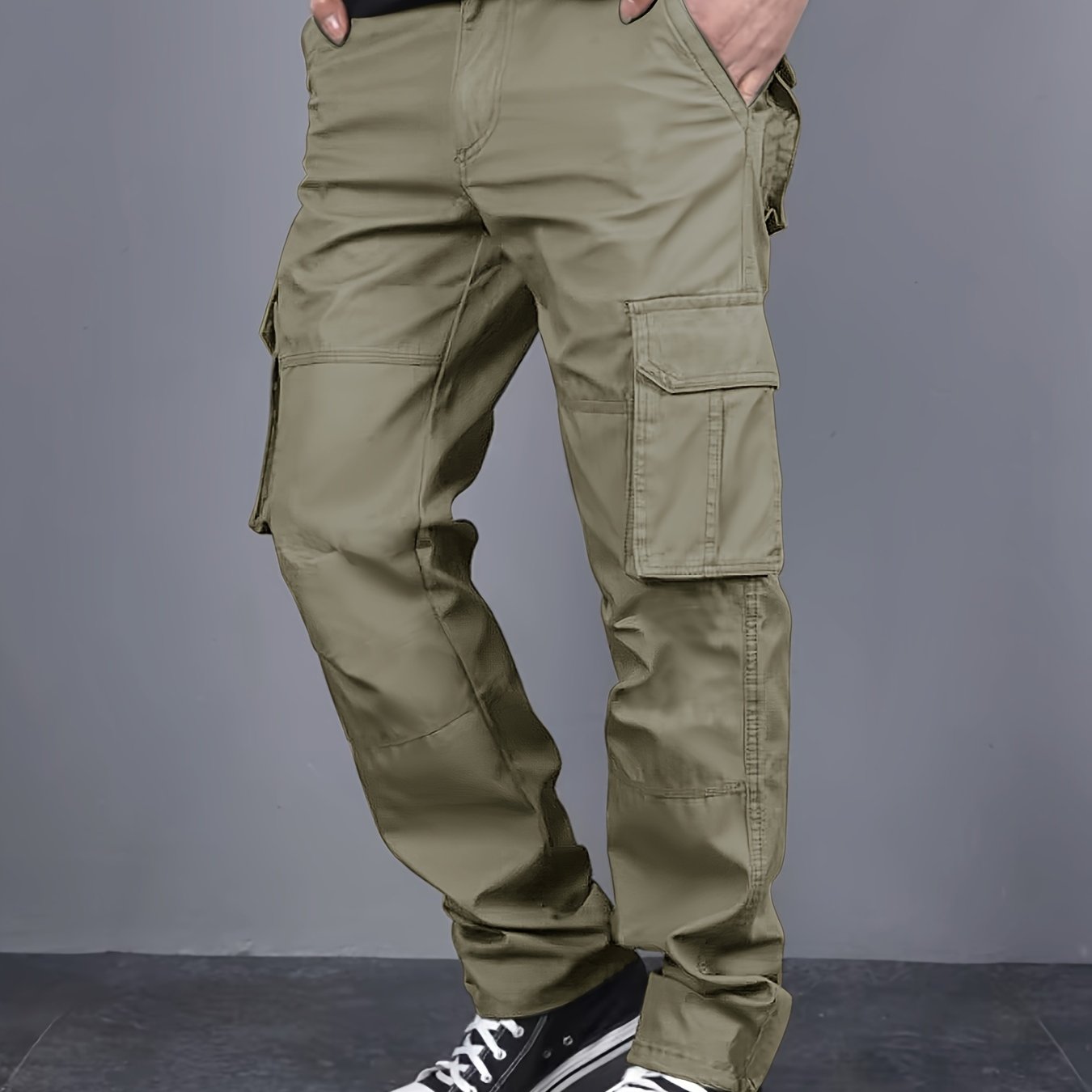 Men Solid Color Cargo Pants with Multiple Flap Pockets and Drawstring Waist for Outdoor Activities