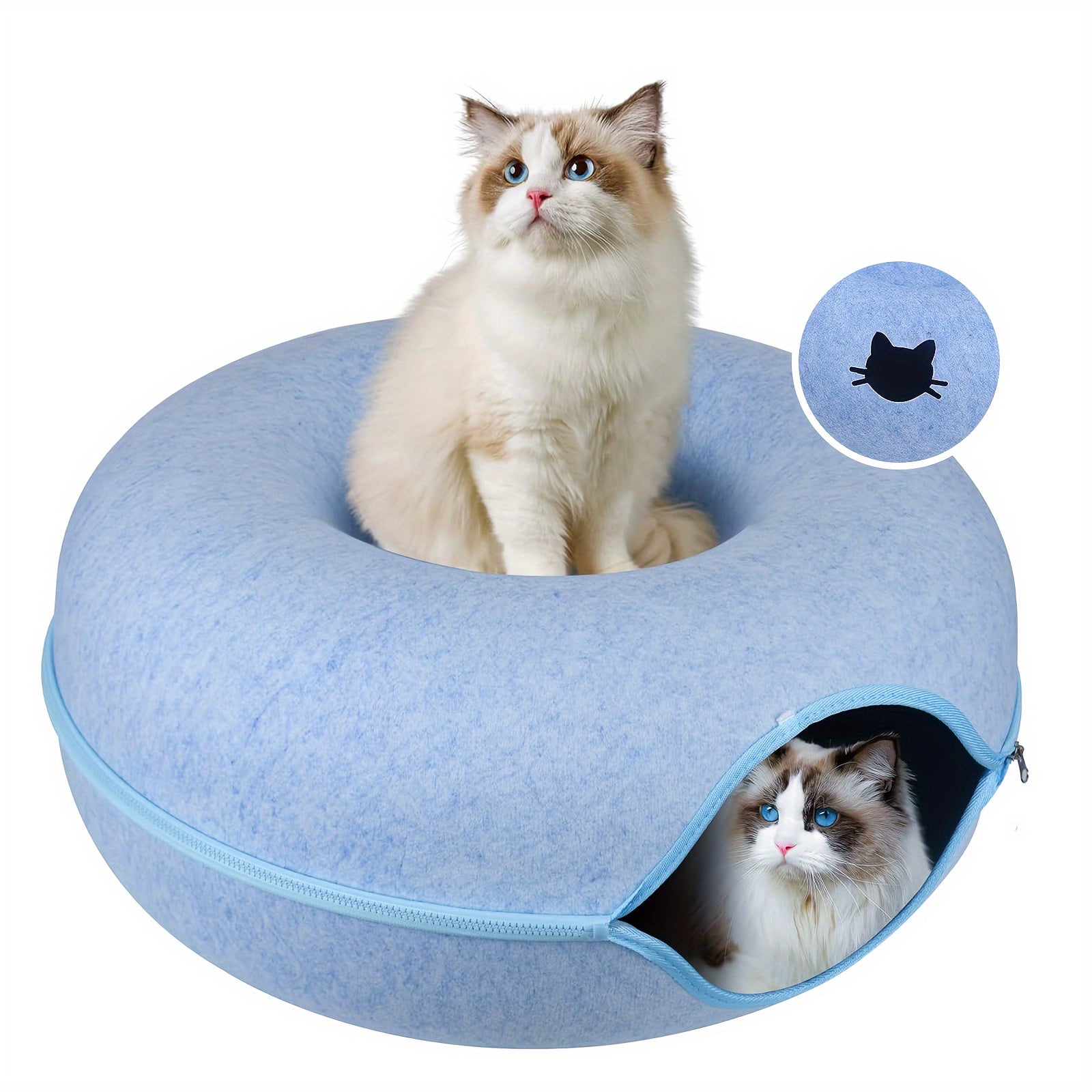 Gray Wool Felt Cat Tunnel Bed with Zippered Split, Foldable, Versatile Indoor Pet Bed