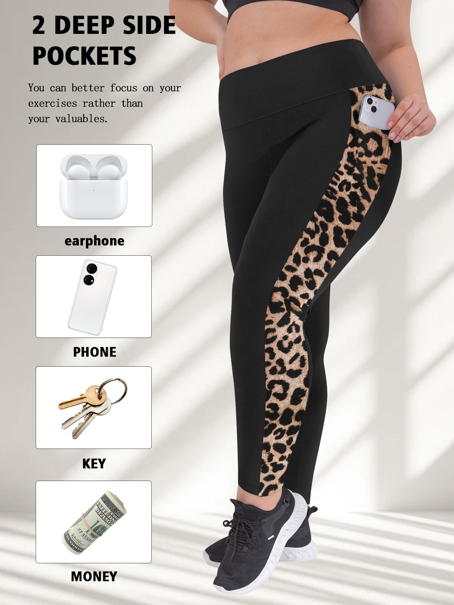 Leggings de mujer de talla grande con cintura alta y estampado de leopardo con bolsillos azul negro