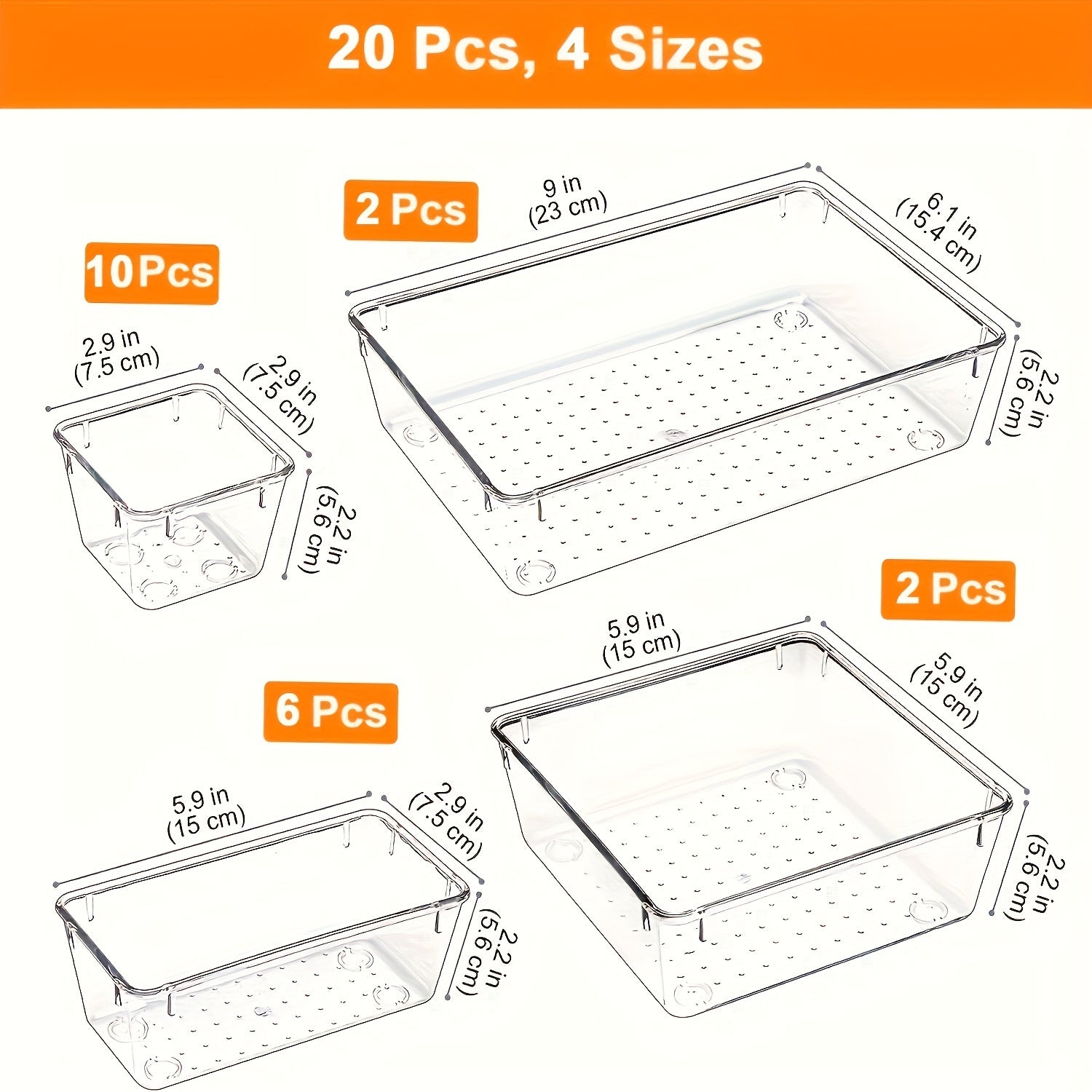 Set of 10 or 20 Plastic Drawer Organizer Trays in 4 Sizes for Dresser, Makeup, Kitchen, Office