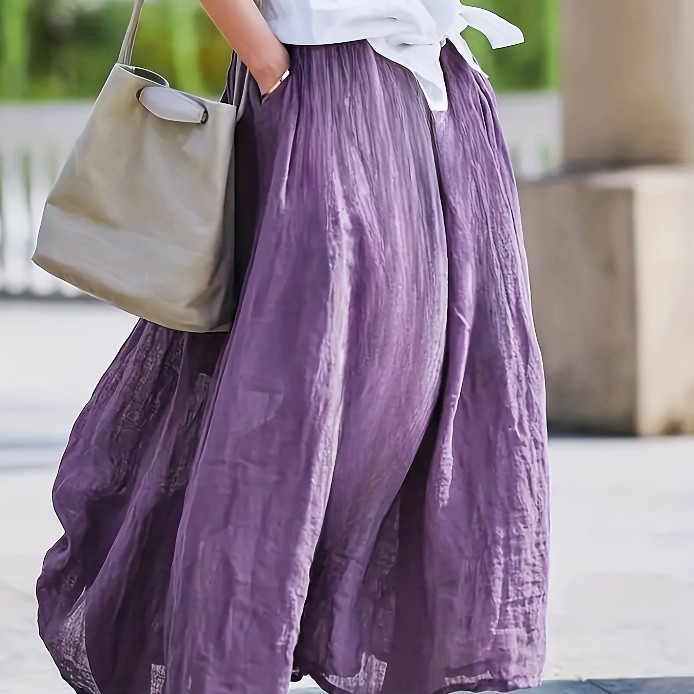 Plus Size Maxi Skirt with Pockets High-Waisted Flowing Solid Color Summer Casual