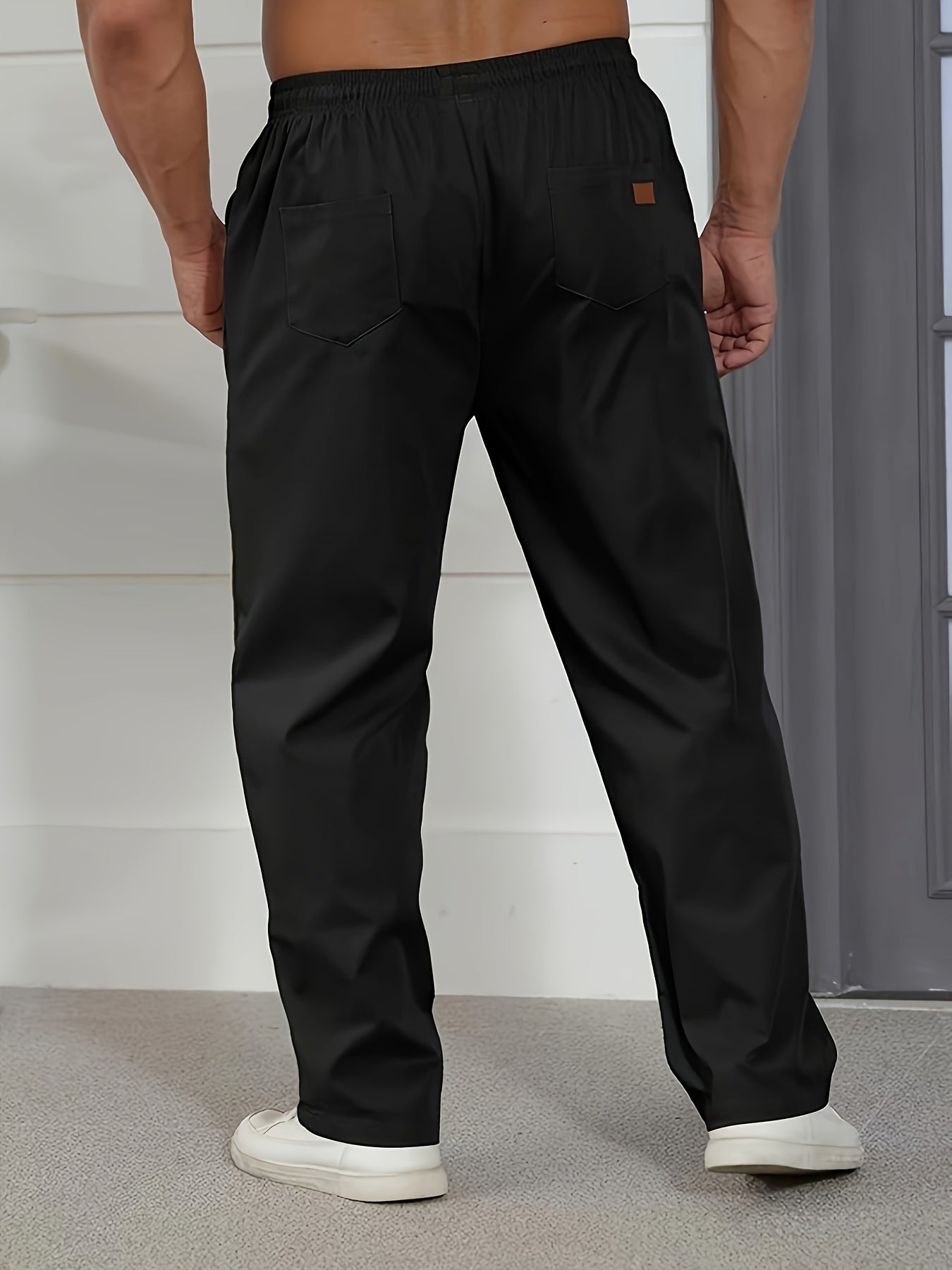 Men's Slim Fit Casual Pants with Pockets, Mid-Rise Drawstring Waist, Breathable Polyester