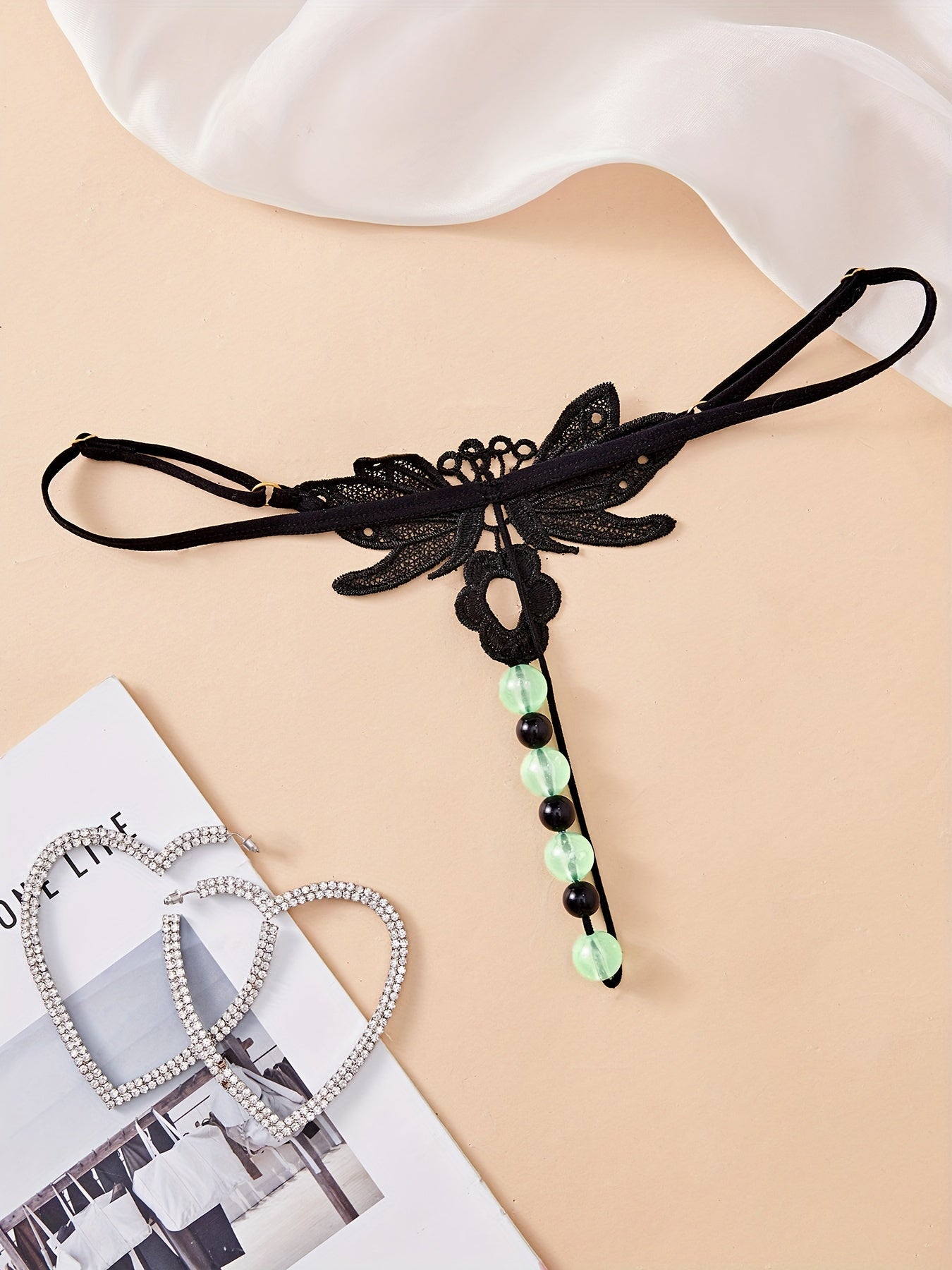 Black Lace Thong for Women with Drop Waist and Massage Beads Elegant Lingerie