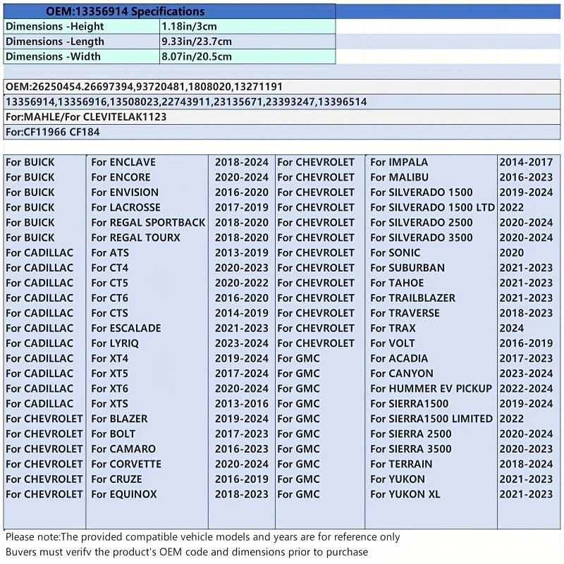 Cabin Air Filter Universal Compatible with Multiple SUV and Sedan Models