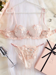 Women's Floral Lace Lingerie Set with Semi-Sheer Bra and Thong